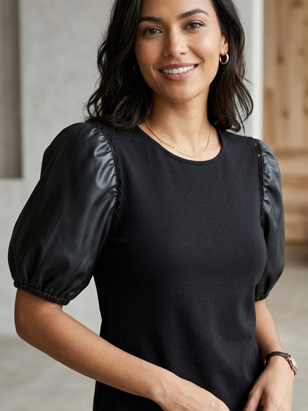 Laundry By Shelli Segal Black Puff Sleeve Crewneck Tee with Satin-Look Sleeves